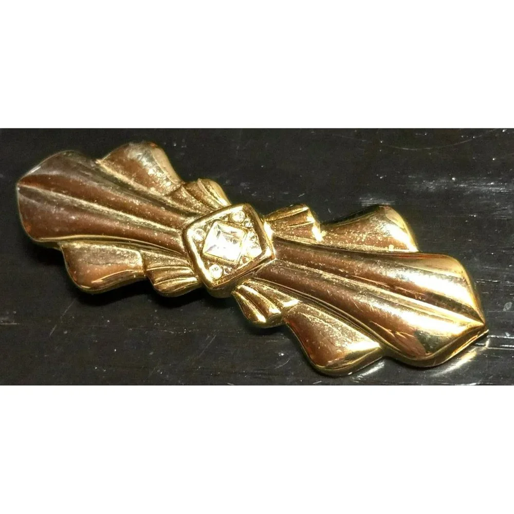 Vintage Rhinestone Gold Tone Bar Bow Brooch‎ Pin